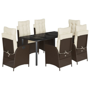 7 pcs conjunto jantar p/ jardim c/ almofadões vime PE castanho H