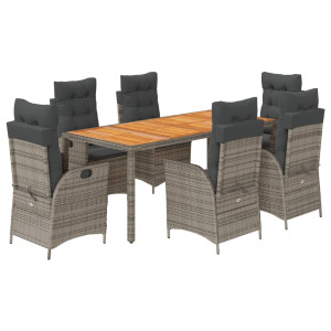 7 pcs conjunto de jantar p/ jardim c/ almofadões vime PE cinza H