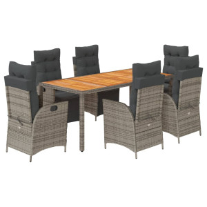 7 pcs conjunto de jantar p/ jardim c/ almofadões vime PE cinza H