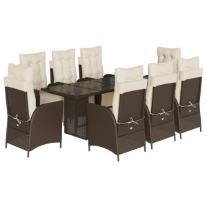 9 pcs conjunto jantar p/ jardim c/ almofadões vime PE castanho H