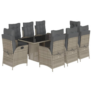 9 pcs conjunto de jantar p/ jardim c/ almofadões vime PE cinza H
