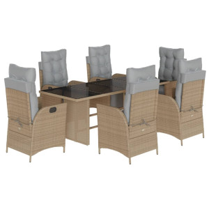 7 pcs conj. jantar jardim c/ almofadões vime PE bege misturado H
