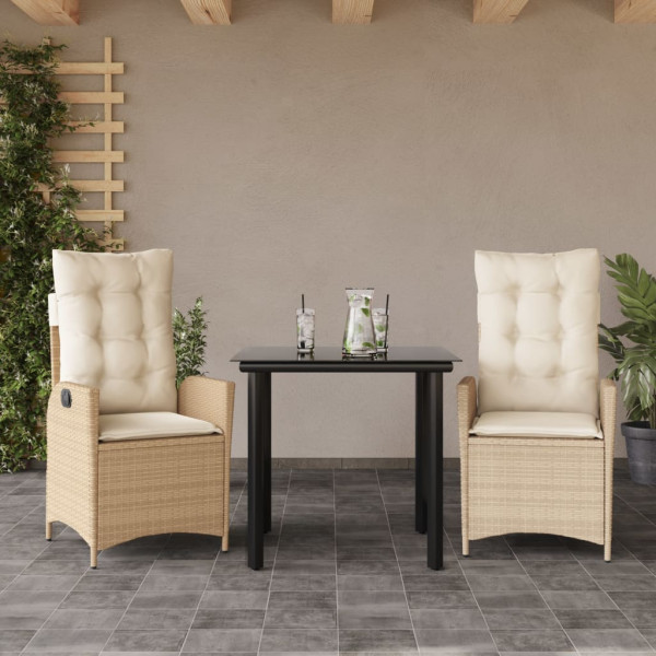Set comedor de jardín 3 pzas con cojines ratán sintético beige D