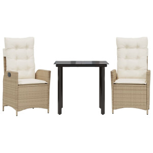 3 pcs conjunto de jantar p/ jardim com almofadões vime PE bege H