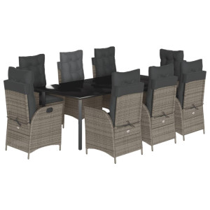 9 pcs conjunto de jantar p/ jardim c/ almofadões vime PE cinza H