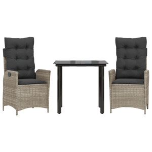 Set comedor de jardín 3 pzas cojines ratán sintético gris claro H