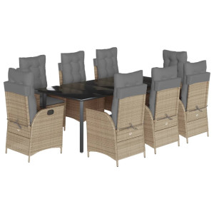 9 pcs conjunto de jantar p/ jardim com almofadões vime PE bege H