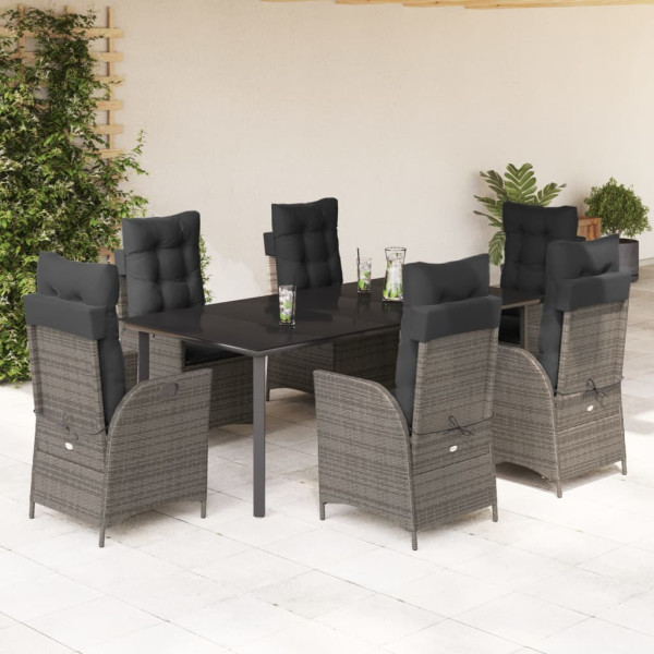 7 pcs conjunto de jantar p/ jardim c/ almofadões vime PE cinza D