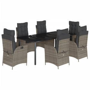 7 pcs conjunto de jantar p/ jardim c/ almofadões vime PE cinza H