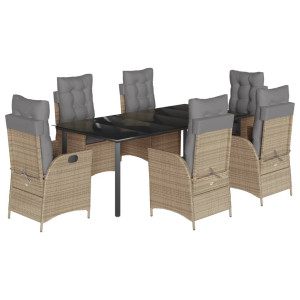 7 pcs conjunto de jantar p/ jardim com almofadões vime PE bege H