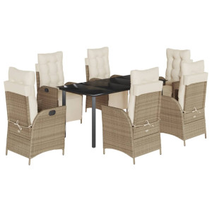 7 pcs conjunto de jantar p/ jardim com almofadões vime PE bege H