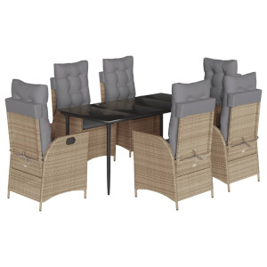 7 pcs conjunto de jantar p/ jardim com almofadões vime PE bege H