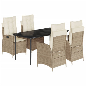 5 pcs conjunto de jantar p/ jardim com almofadões vime PE bege H