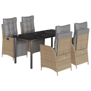5pcs conj. jantar jardim c/ almofadões vime PE bege misturado H