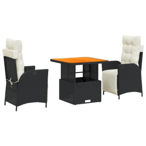 3 pcs conjunto de jantar p/ jardim c/ almofadões vime PE preto H