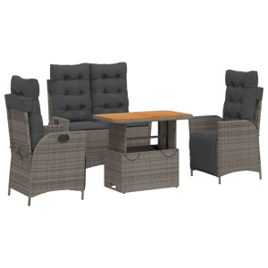 4 pcs conjunto de jantar p/ jardim c/ almofadões vime PE cinza H