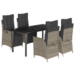 5 pcs conjunto de jantar p/ jardim c/ almofadões vime PE cinza H