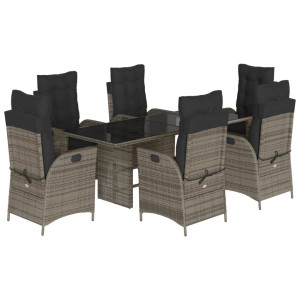7 pcs conjunto de jantar p/ jardim c/ almofadões vime PE cinza H