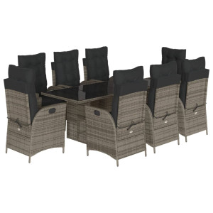9 pcs conjunto de jantar p/ jardim c/ almofadões vime PE cinza H