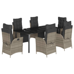 7 pcs conjunto de jantar p/ jardim c/ almofadões vime PE cinza H