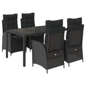 5 pcs conjunto de jantar p/ jardim c/ almofadões vime PE preto H
