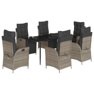 7 pcs conjunto de jantar p/ jardim c/ almofadões vime PE cinza H