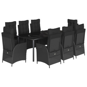 9 pcs conjunto de jantar p/ jardim c/ almofadões vime PE preto H