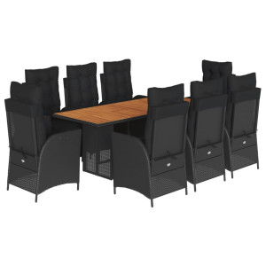 9 pcs conjunto de jantar p/ jardim c/ almofadões vime PE preto H