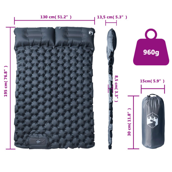 Colchón de camping autoinflable con almohadas 2 personas gris M 5