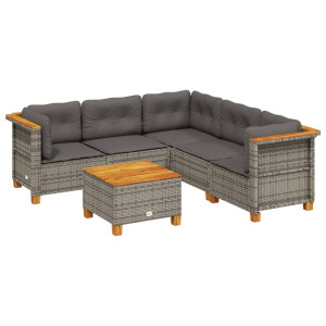 Set de muebles de jardín 6 pzas y cojines ratán sintético gris H