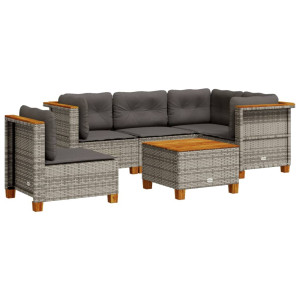 Set de muebles de jardín 6 pzas y cojines ratán sintético gris H