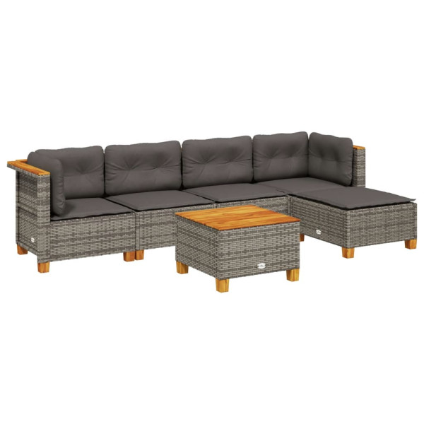 Set de muebles de jardín 6 pzas y cojines ratán sintético gris M 2