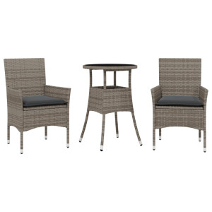 3 pcs conjunto jantar jardim c/ almofadões vime PE/vidro cinza H