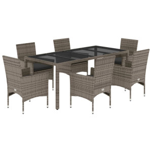 7 pcs conjunto jantar jardim c/ almofadões vime PE/vidro cinza H