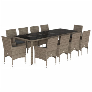 11 pcs conjunto jantar jardim c/ almofadões vime PE/vidro cinza H