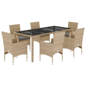 7 pcs conjunto jantar jardim com almofadões vime PE/vidro bege H