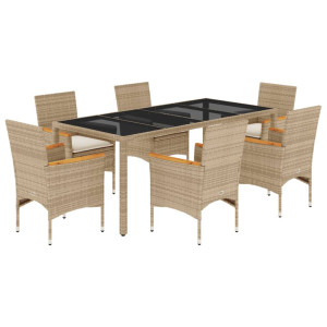7 pcs conjunto jantar jardim com almofadões vime PE/vidro bege H