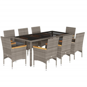 9 pcs conjunto jantar jardim c/ almofadões vime PE/vidro cinza H