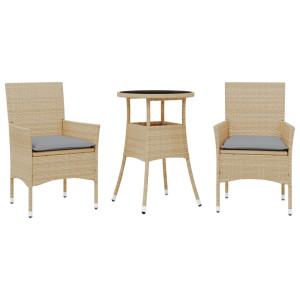 3 pcs conjunto jantar jardim com almofadões vime PE/vidro bege H
