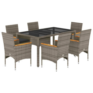 7 pcs conjunto jantar jardim c/ almofadões vime PE/vidro cinza H