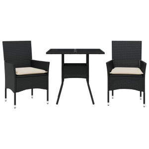 3 pcs conjunto jantar jardim c/ almofadões vime PE/vidro preto H