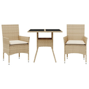 3 pcs conjunto jantar jardim com almofadões vime PE/vidro bege H