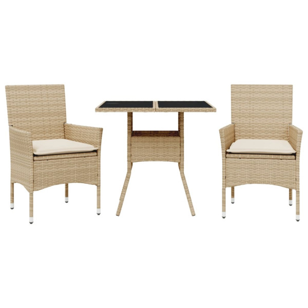 Set comedor jardín 3 pzas cojines ratán sintético vidrio beige M 2