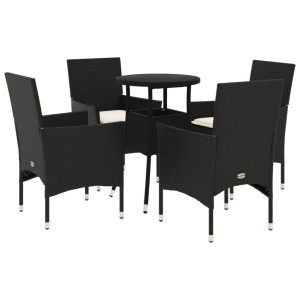 5 pcs conjunto jantar jardim c/ almofadões vime PE/vidro preto H