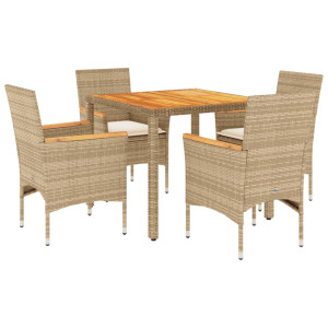 5 pcs conjunto jantar jardim c/ almofadões vime PE/acácia bege H