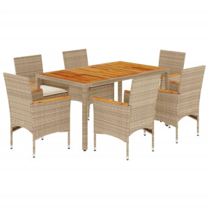 Set de comedor jardín 7 pzas con cojines ratán PE acacia beige H
