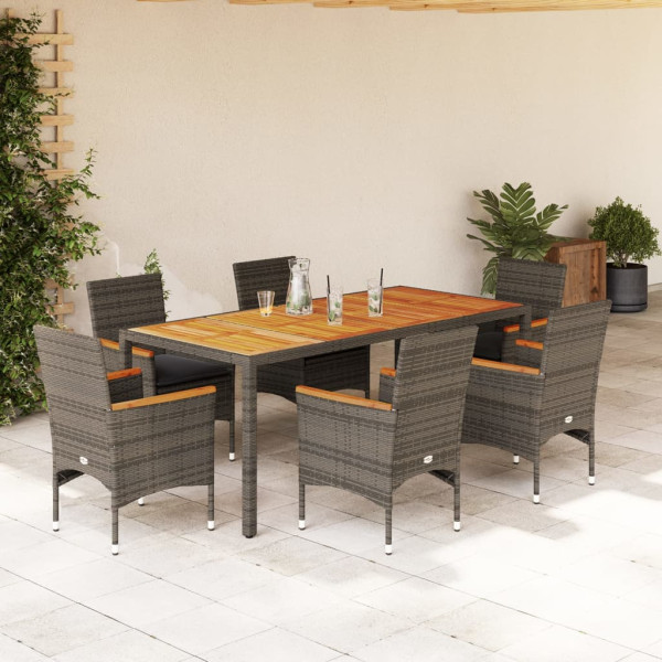 Set de comedor jardín 7 pzas con cojines ratán PE acacia gris D