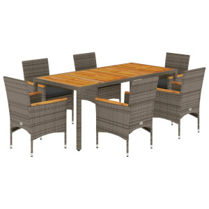 7 pcs conjunto jantar jardim c/ almofadões vime PE/acácia cinza H