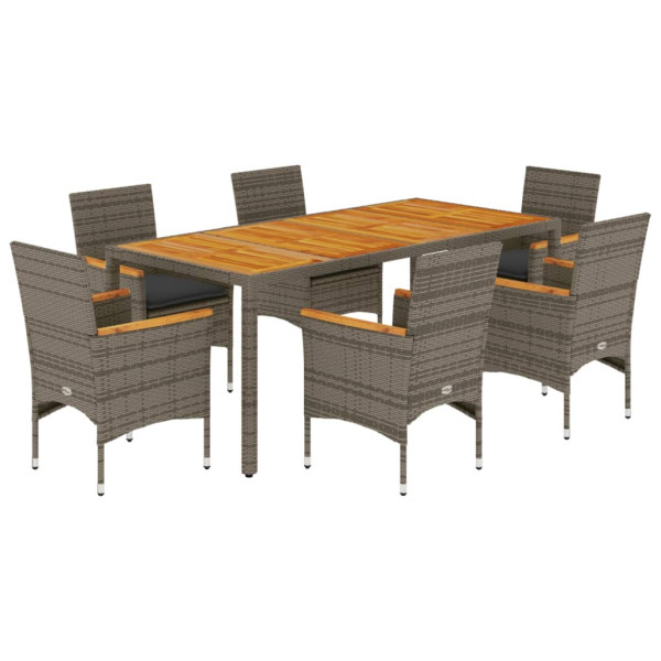 Set de comedor jardín 7 pzas con cojines ratán PE acacia gris M 2