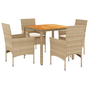 Set de comedor jardín 5 pzas con cojines ratán PE acacia beige H